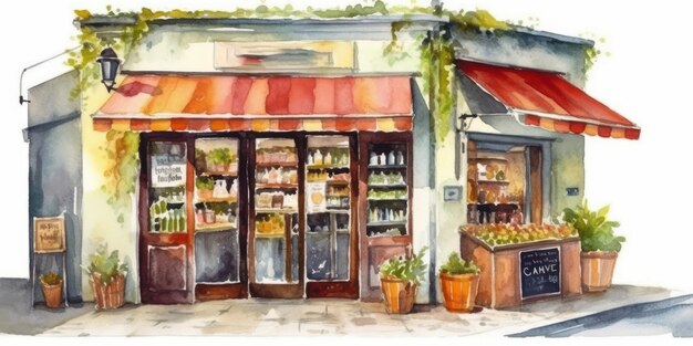 Watercolor drawing of the exterior of a small store