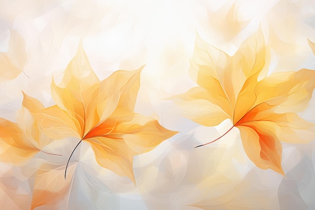 Watercolor drawing falling autumn yellow maple foliage on light defocused background with copy space