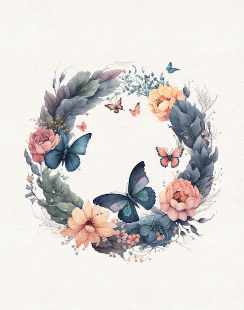 Watercolor drawing of a floral wreath in terracotta and blue with butterflies and wild flowers flor