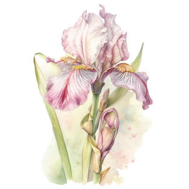 A watercolor drawing of a flower with a pink and white iris.