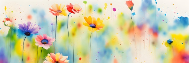 Watercolor drawing of flowers bright background banner ai generated