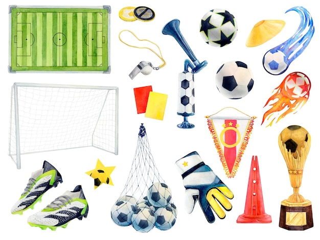 Watercolor drawing football set of balls and accessories field gloves trainers goal wistle coins