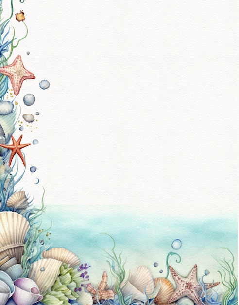 watercolor drawing of a frame on a marine theme paper for scrapbooking with marine inhabitants