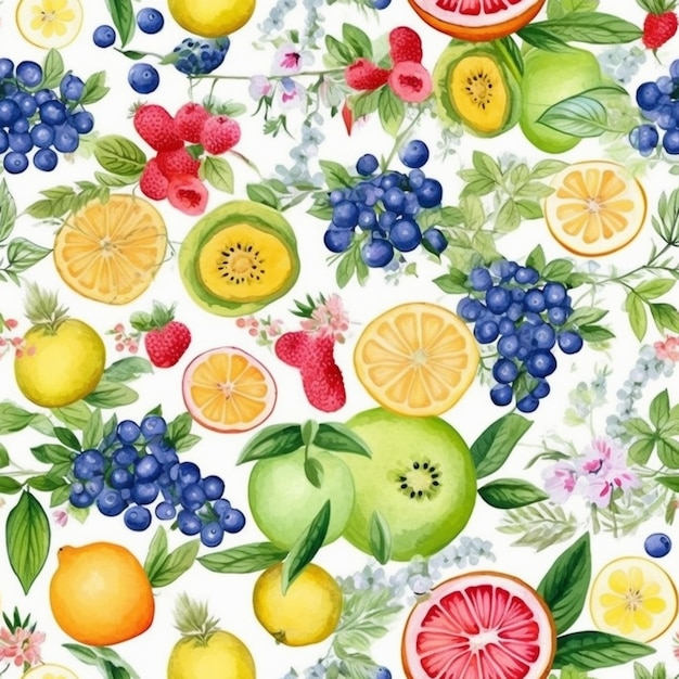 A watercolor drawing of fruits and berries.