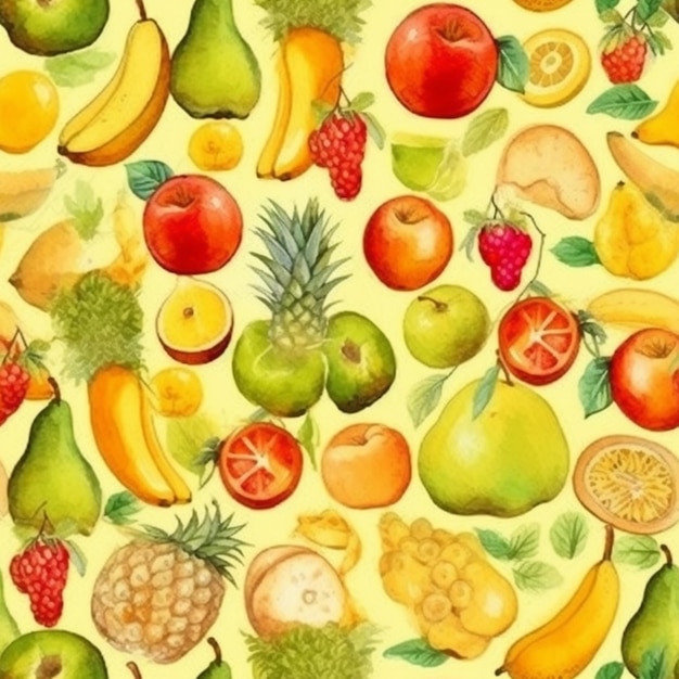 A watercolor drawing of fruits on a yellow background.