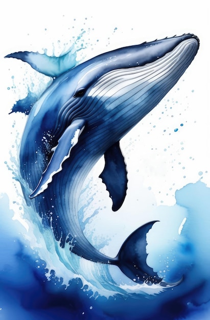 watercolor drawing of giant whale jumping out of water in ocean sea wild life and animals