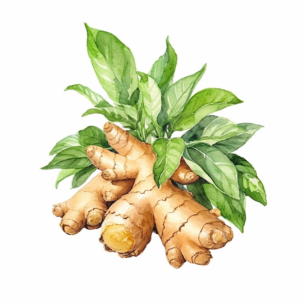 Photo a watercolor drawing of a ginger root and green leaves