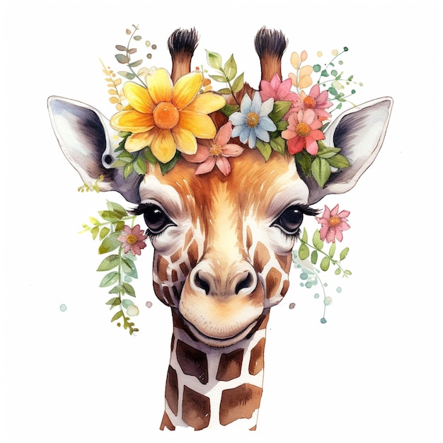 Акварельный рисунок жирафа с цветами