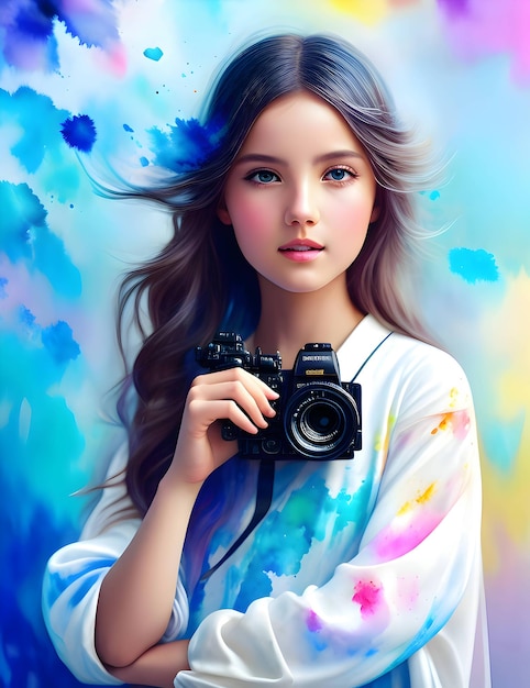 Watercolor drawing of a girl holding a camera