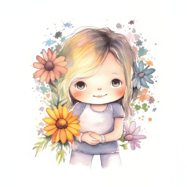 A watercolor drawing of a girl with flowers