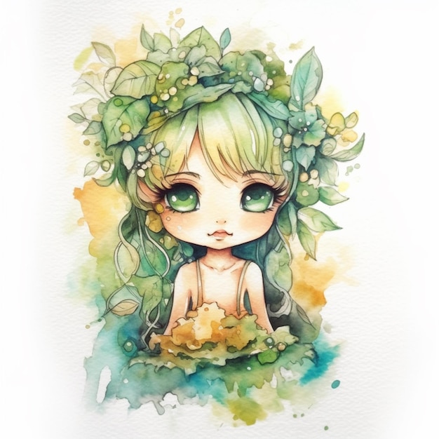 A watercolor drawing of a girl with a wreath of leaves.