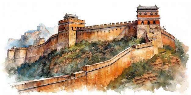 Photo watercolor drawing of the great wall of china