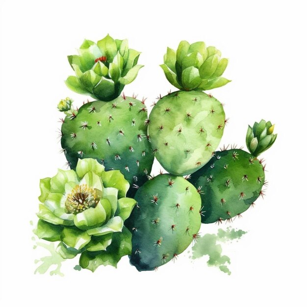 A watercolor drawing of a green cactus with a red flower.