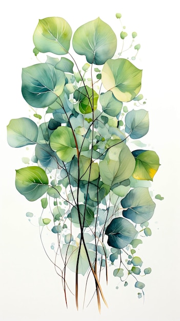 Watercolor drawing of green leaves of a bush idea for print interior design or packaging banner