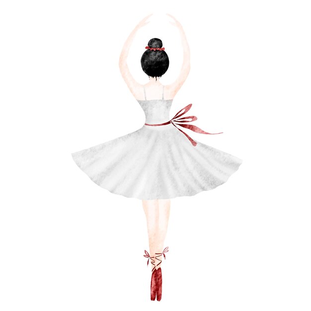 Photo watercolor drawing of a hand ballerina in a white dress and red pointe shoes isolate cute dancer to