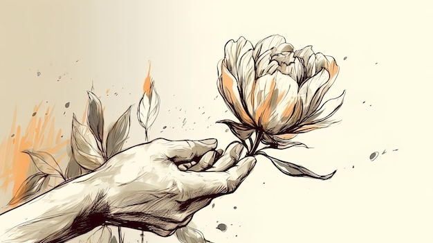 Watercolor drawing of a hand holding a flower Generative AI