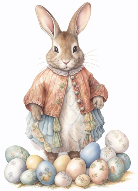 Watercolor drawing of a happy bunny in vintage clothes cartoon rabbit