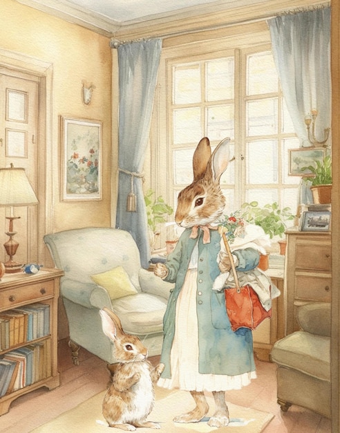 Watercolor drawing of a happy family of rabbit mom and baby in vintage clothes cartoon rabbit