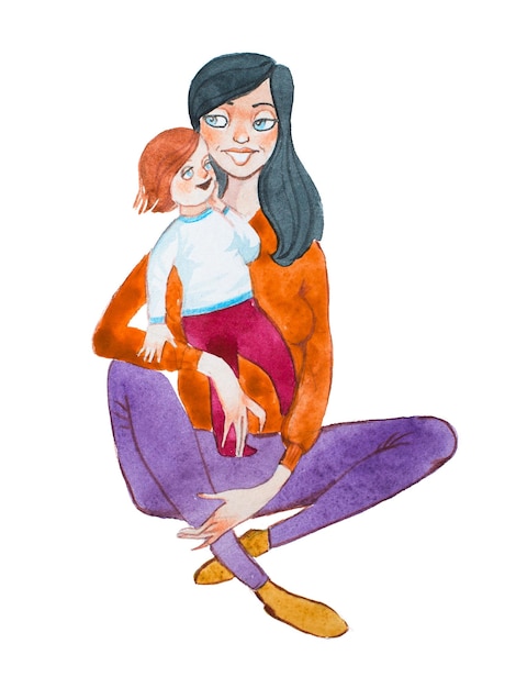 幸せな母親が子供を抱きしめて抱きしめる水彩画