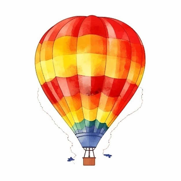 A watercolor drawing of a hot air balloon with a fish swimming in the water.