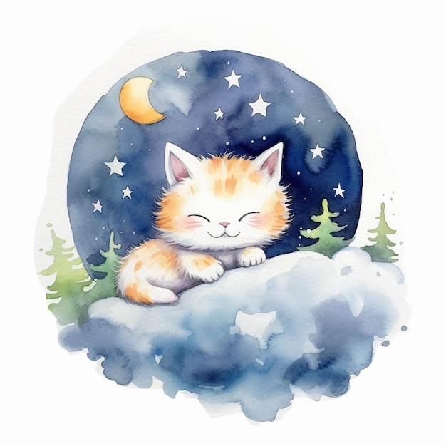Акварельный рисунок котенка на снежном пейзаже с луной и звездами.
