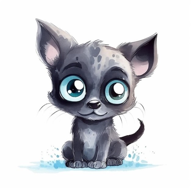 Акварельный рисунок котенка с большими голубыми глазами.
