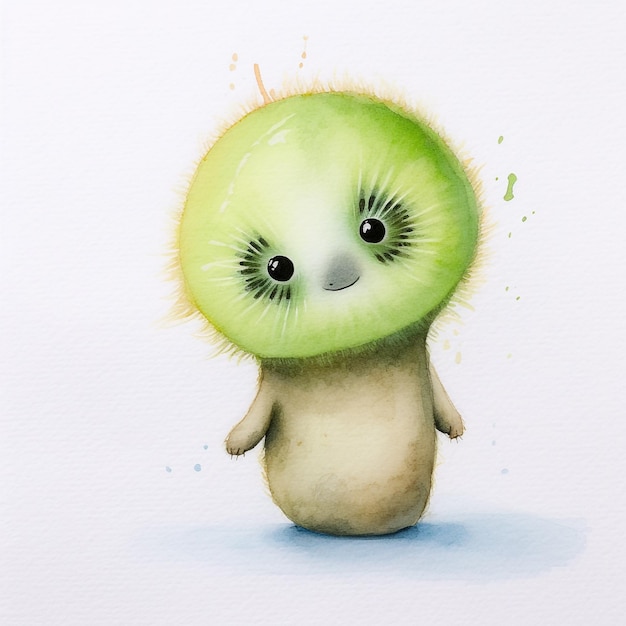 Photo a watercolor drawing of a kiwi bird with a face and eyes.