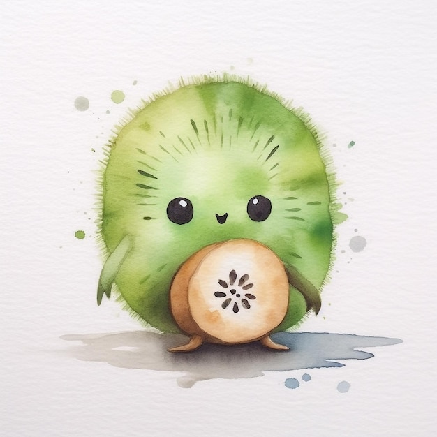 A watercolor drawing of a kiwi with a smiley face.