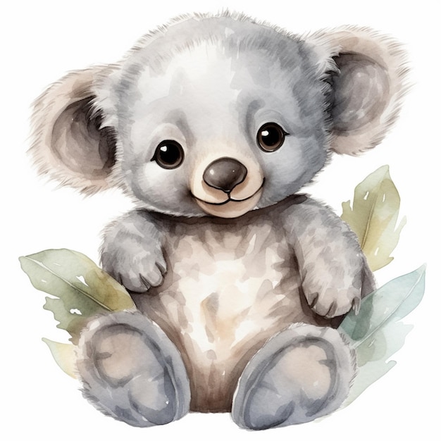 A watercolor drawing of a koala bear sitting on leaves.