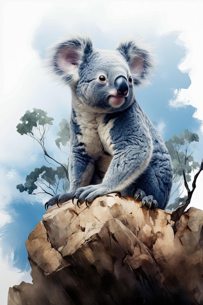 Watercolor drawing of a koala sitting on a rock ledge screensaver idea vertical frame