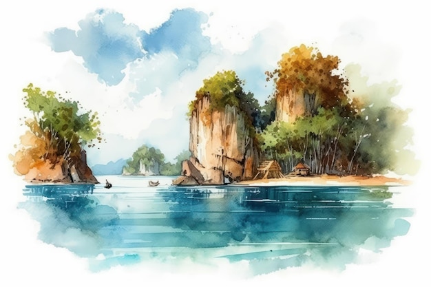 Watercolor drawing of Koh hong beach in Thailand