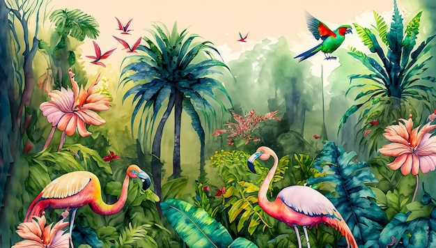 watercolor drawing landscape of rainforests of trees and palms in consistent colors with birds