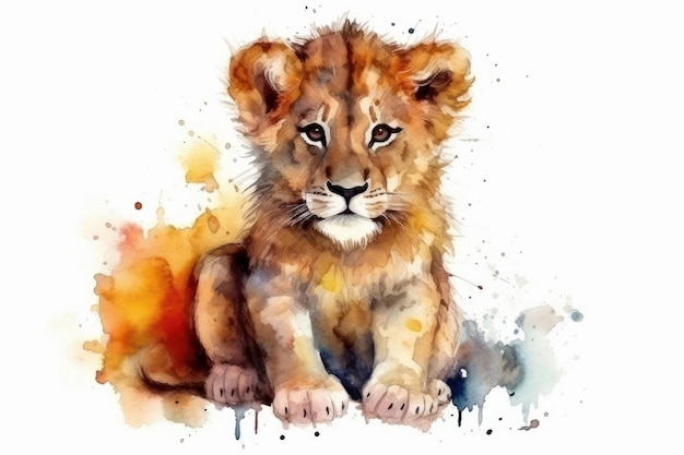 Watercolor drawing of a lion cub