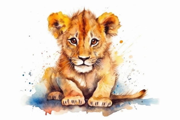 Watercolor drawing of a lion cub