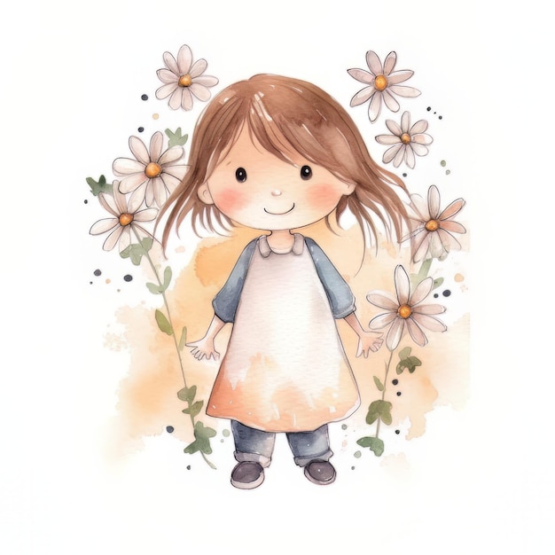 A watercolor drawing of a little girl in front of flowers