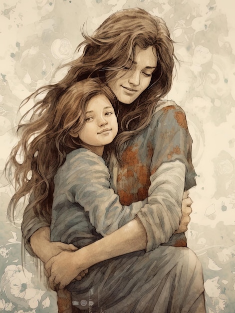 愛情深く抱き合う母と娘の水彩画 母と娘の愛