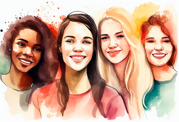 watercolor drawing of many different beautiful girls is smiling Happy women group in watercolor style Watercolor drawing Generative AI illustration AI