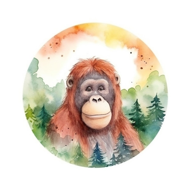 A watercolor drawing of a monkey with pine trees in the background.