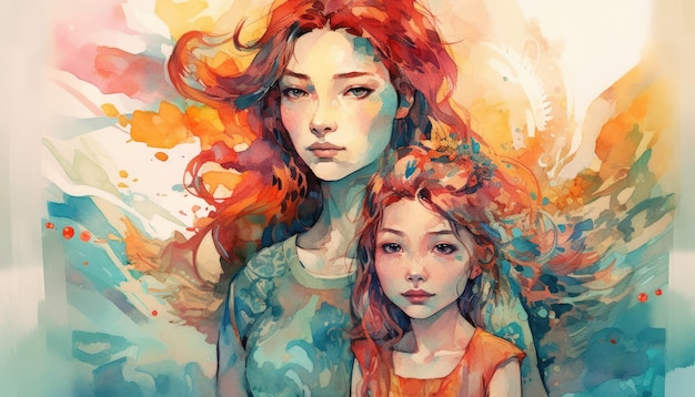 A watercolor drawing of a a mother and child together illustration with generative ai