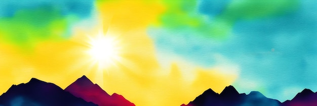 Watercolor drawing of mountains in sunset light panoramic view sun in the sunset sky ai generated