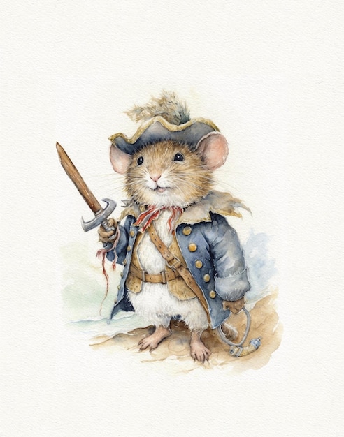 watercolor drawing of a mouse captain of a pirate ship the adventure of an animal