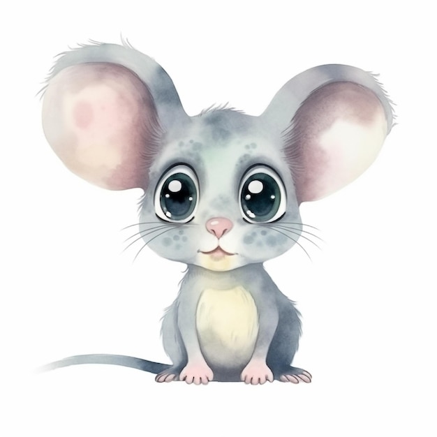 A watercolor drawing of a mouse with big eyes.