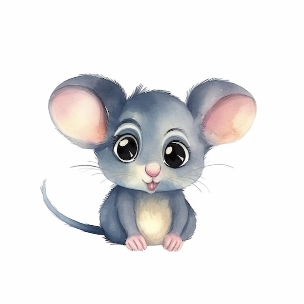 A watercolor drawing of a mouse with big eyes.