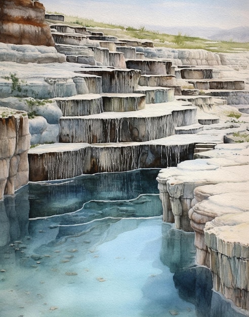 Watercolor drawing of natural waterfall Turkish pamukkale salt lake with minerals