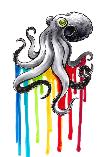 A watercolor drawing of an octopus with yellow eyes and a rainbow on the bottom.