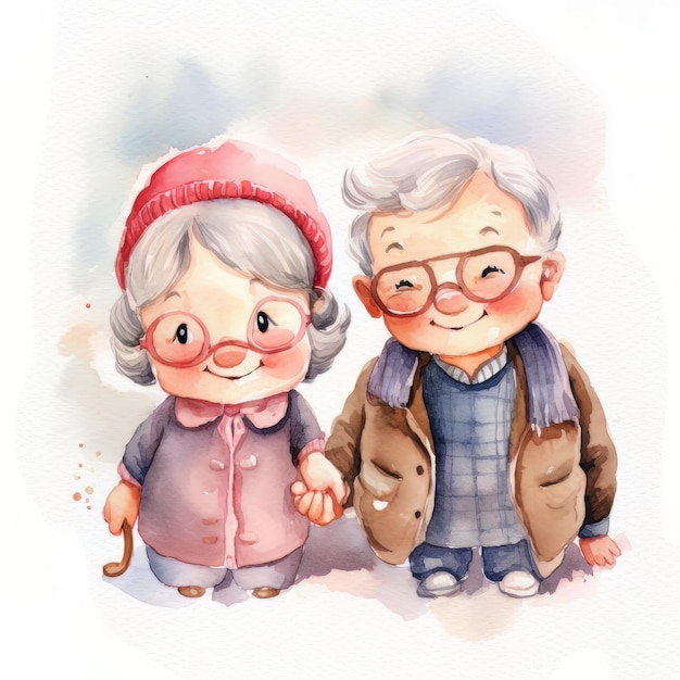 A watercolor drawing of an old couple holding hands