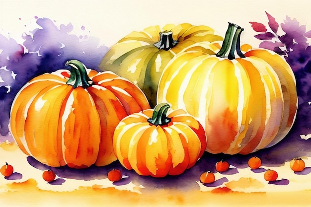 Watercolor drawing organic ripe orange pumpkins on a bright colored background