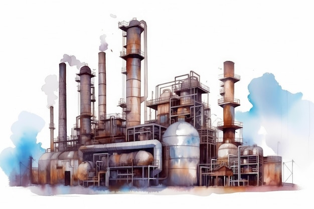 Watercolor drawing paint of industry zone refinery isolated on white background with Generative AI