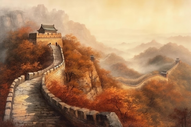 Watercolor drawing painting of the great wall of china