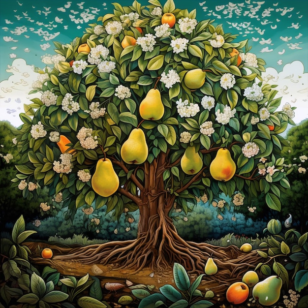 AIによって生成された梨の木の水彩画